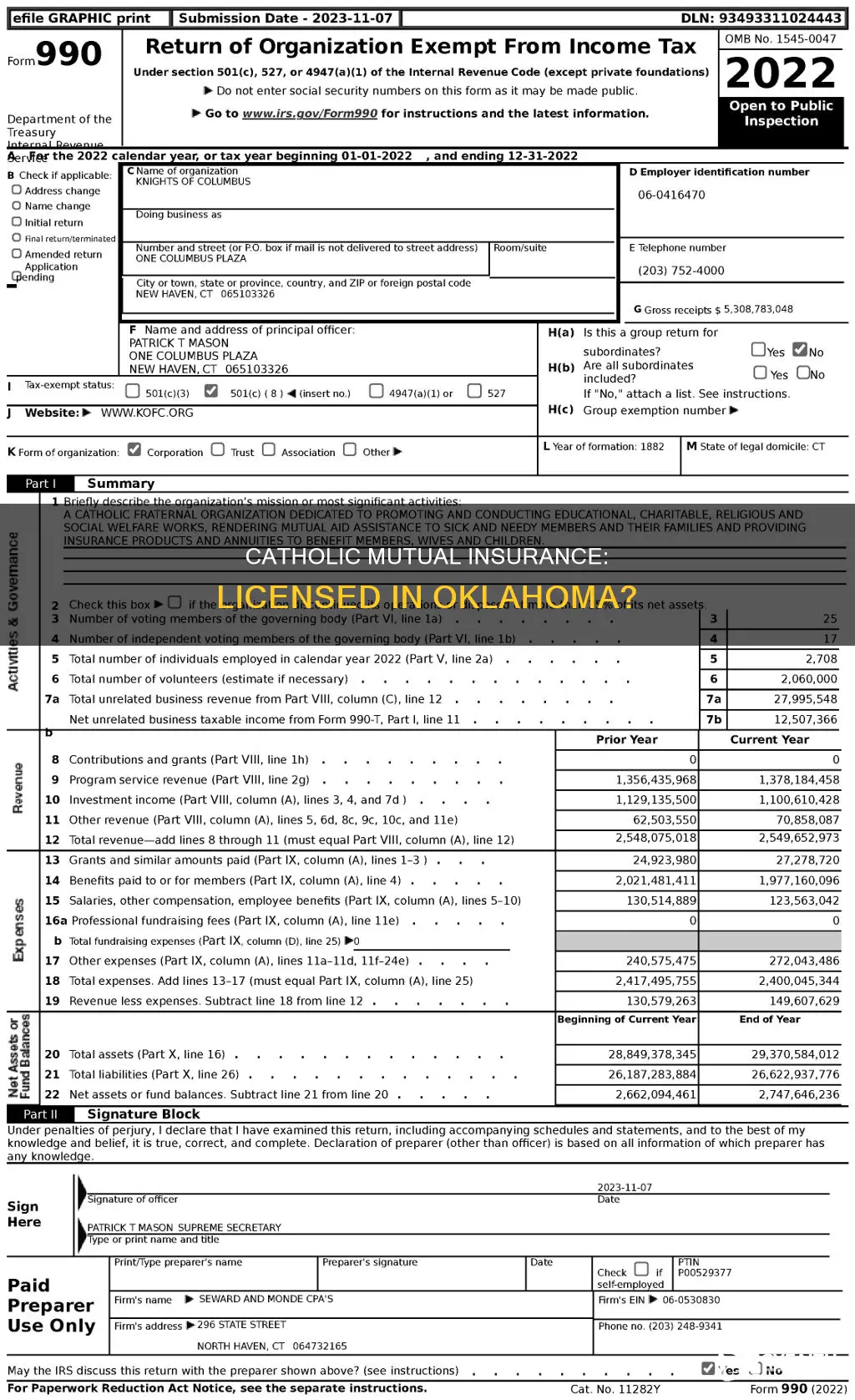 is catholic mutual insurance licensed in oklahoma